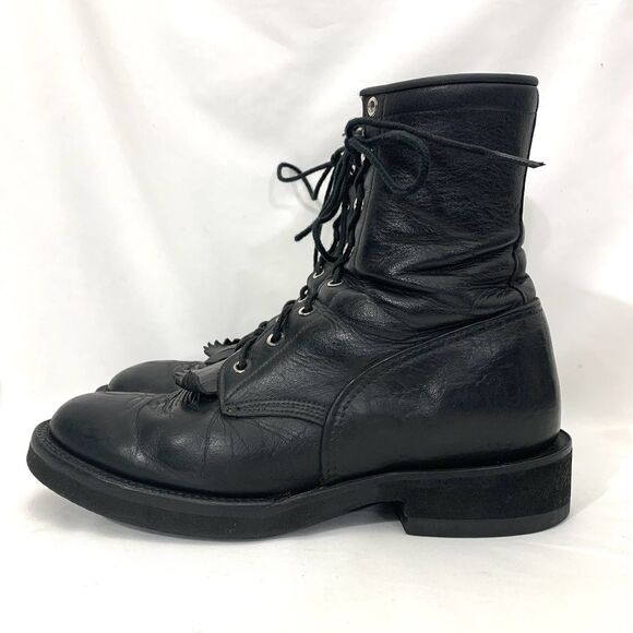 Vtg Justin L 250 Black Leather Kiltie Combat Boots Mens Size 9.5 B - Tekno Crepe